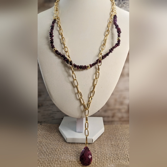 Natural Ruby Chips In 2-Strand Paperclip Necklace W/ Genuine Ruby Pendant - Picture 3 of 12